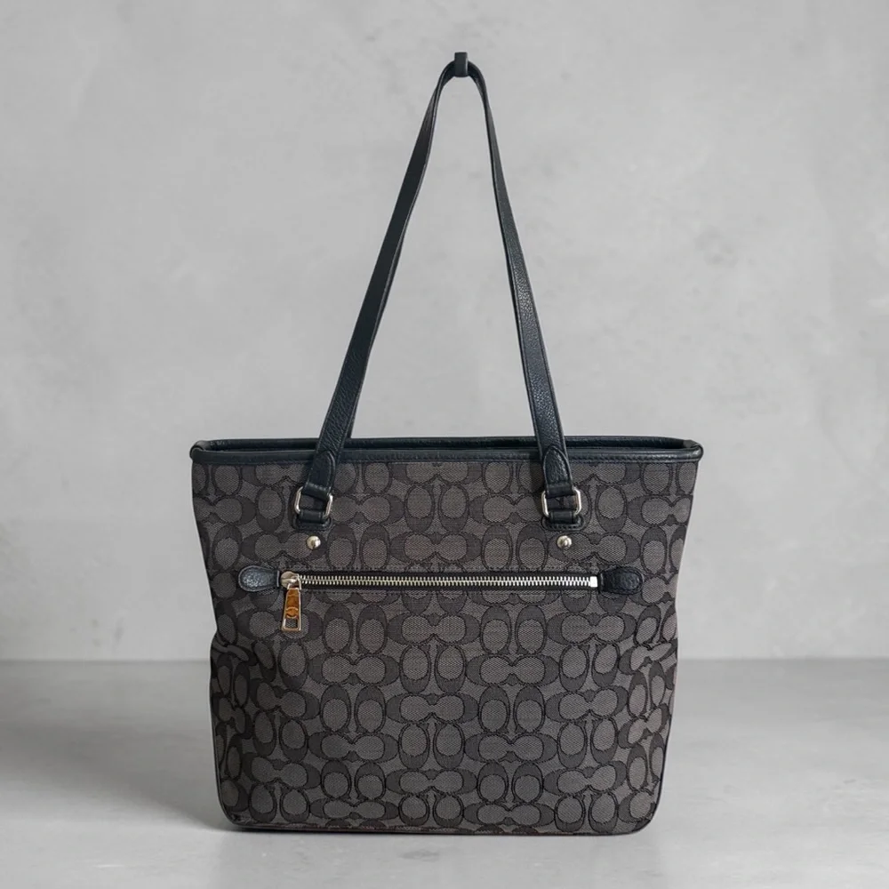 Authentic Coach Signature Black Grey Zip Top Tote Bag - Picture 4 of 13